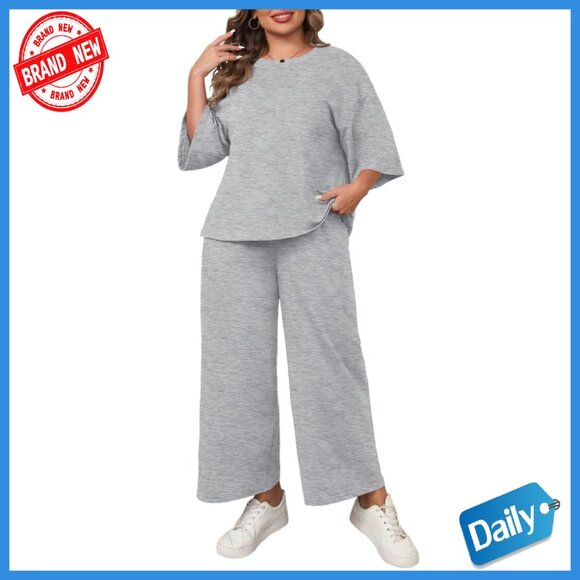 Plus Size 3/4 Sleeve Top & Wide Leg Pants Loungewear Set